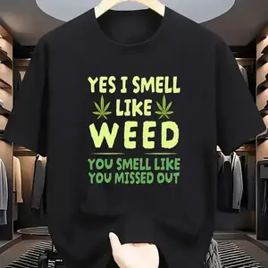Men's White Oversized Weed T-Shirt with "Yes I Smell Like Weed" Slogan & Leaf Print - Lime Green Text & Leaf Design, Oversized Fit Short Sleeve Tee for Summer, Casual Streetwear (Marijuana-Themed)