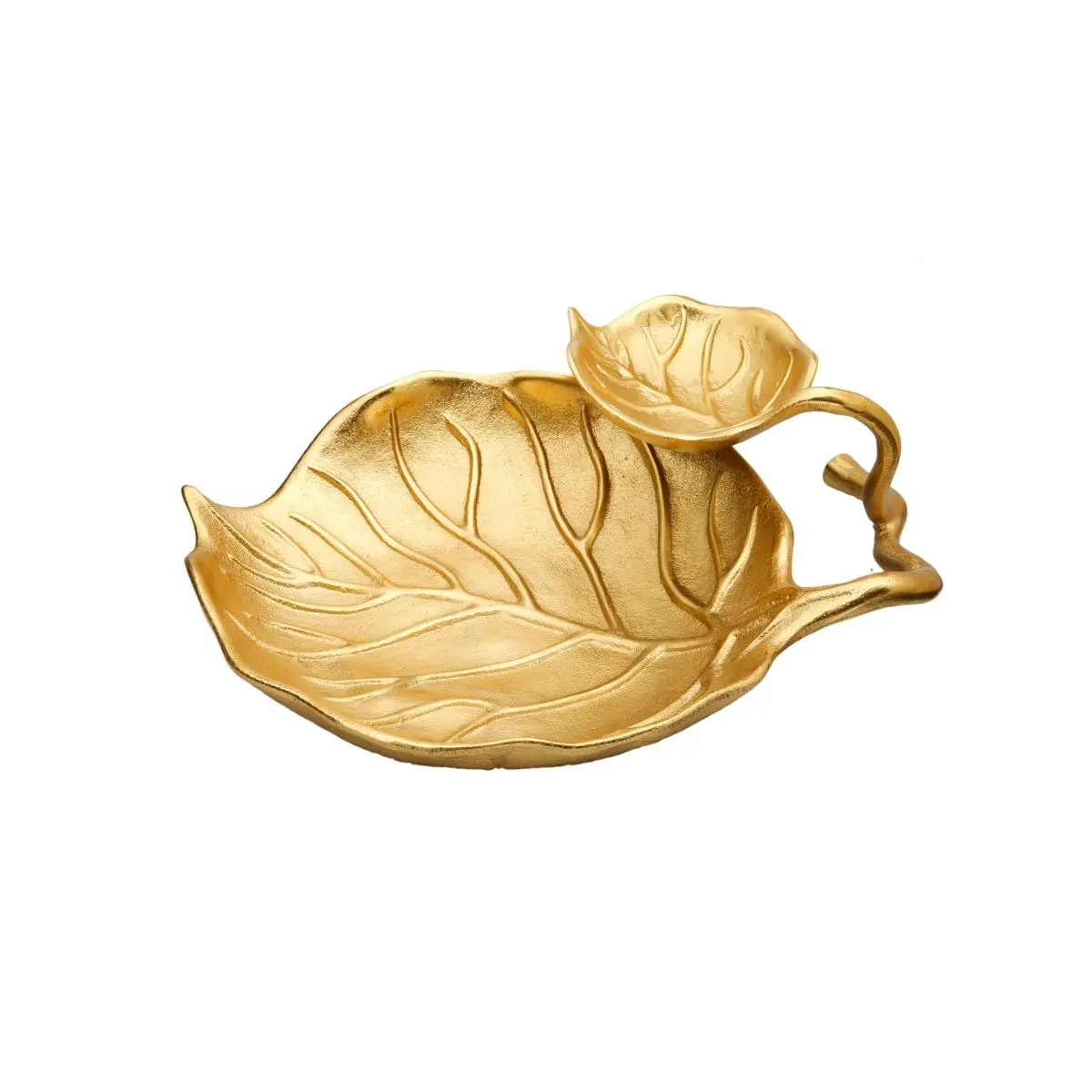 Classic Touch LR1001 2-Tier Stainless Gold Relish Dish, 100% Food Safe Tableware Plates with Leaf Vein Design