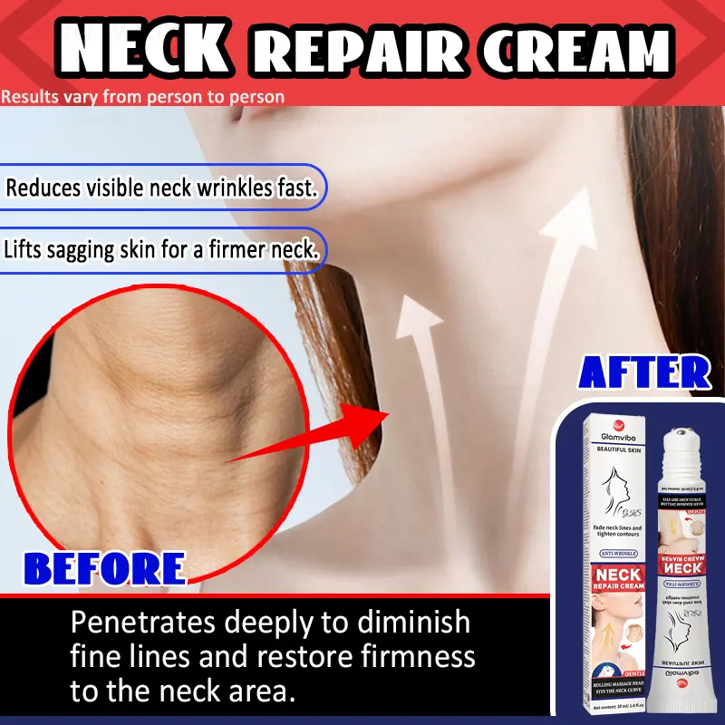 Glamvibe NECK REPAIR CREAM with Rolling Massage Head - Firming & Anti Wrinkle Neck Cream for Sagging Skin, Fast Neck Lines Blur Tech, Tighten Contours, 30ml Gentle Mask Moisturizer Peel Hydrate Hydrating Moisture