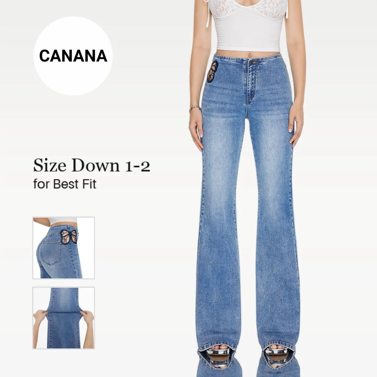 Vanessa CANANA Super Stretchy Mid Rise Butterfly Flare Jeans for Women SH25F04 Womenswear Bootcut Denim Pants Regular Fit Y2K Fashion Bell Bottom Jeans Plus Size Regular Size