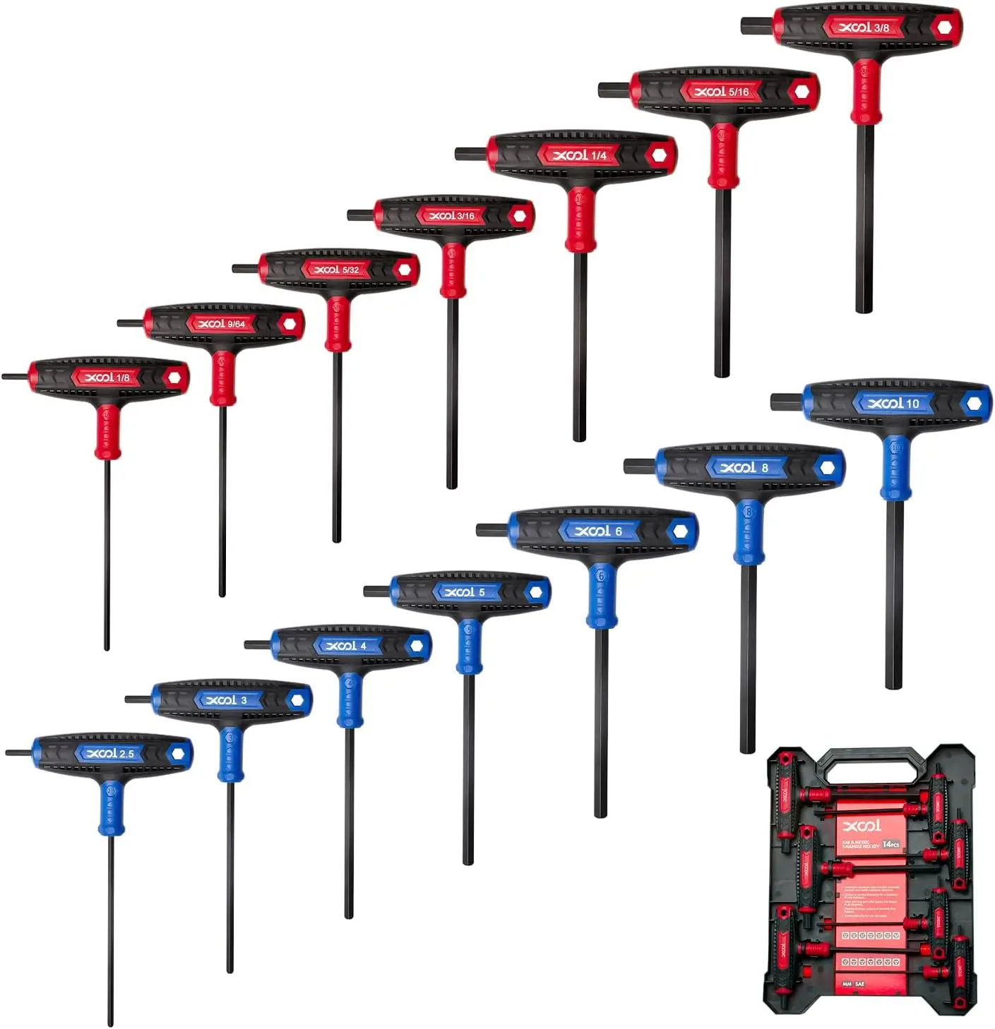 XOOL 14PCS T Handle Allen Wrench Set, Metric & SAE Hex Key Set, Long Arm Hex Key Wrench Set with Portable Organizer
