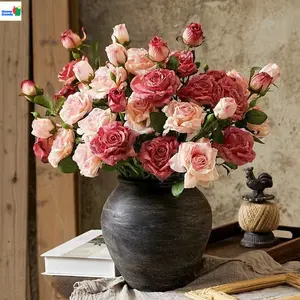 4 Blooms Burnt Edge French Vintage Artificial Roses, Premium Faux Florals for Elegant Home Decor, Living Room Centerpieces, Holiday Gifts & Indoor/Outdoor Gardening