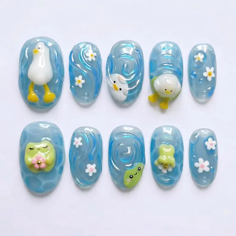 Kawaii Duck & Frog Press On Nails | Handmade Cute Animal Press On Nails | Blue Pond Garden Nails | Luxury 3D Charm Nail Art