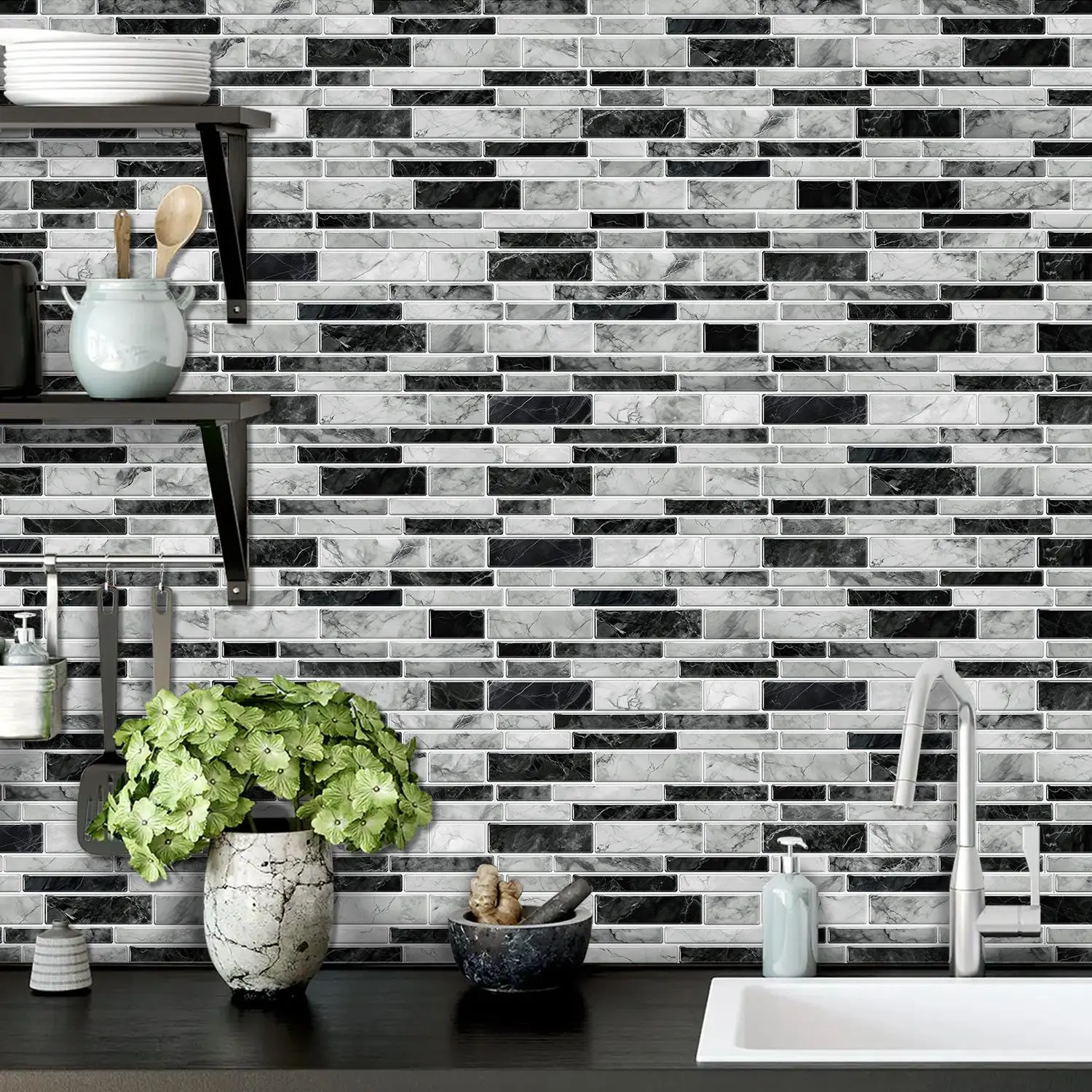 Classic Mosaic Self-Adhesive Tile Sticker, Striped Marble Vinyl, Bathroom Kitchen Home Decor, DIY Seamless Splicing, 12/24/48 Sheets