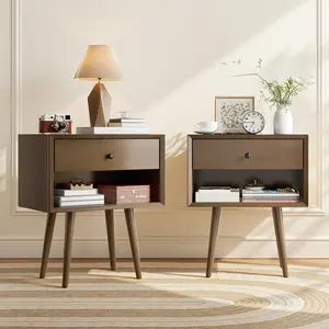AMERLIFE Solid Wood Nightstand Set of 2, Mid-Century Modern End Table with Storage Drawer & Open Cubby, Side Table for Bedroom, Living Room, Easy Assembly