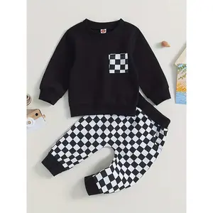 2-piece Children's Checkerboard Pattern Sweatshirt & Casual Pants Set, Spring and Autumn Boys' Clothing, Essential for Outdoor Wear