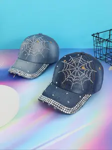 Cross-border men's and women's fashionable washed denim rhinestone spider web baseball caps and trendy casual rhinestone baseball caps