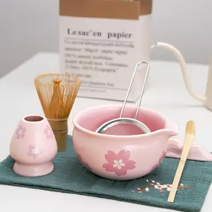 Sakura Pink Matcha Bowls Set of 7 - Japanese Style Matcha Tools Kit with Song Dynasty Whisking Ceremony Includes Ceramic Chawan Bamboo Whisk Tea Strainer & Scoop Heat Resistant Gift Box for Matcha Lovers