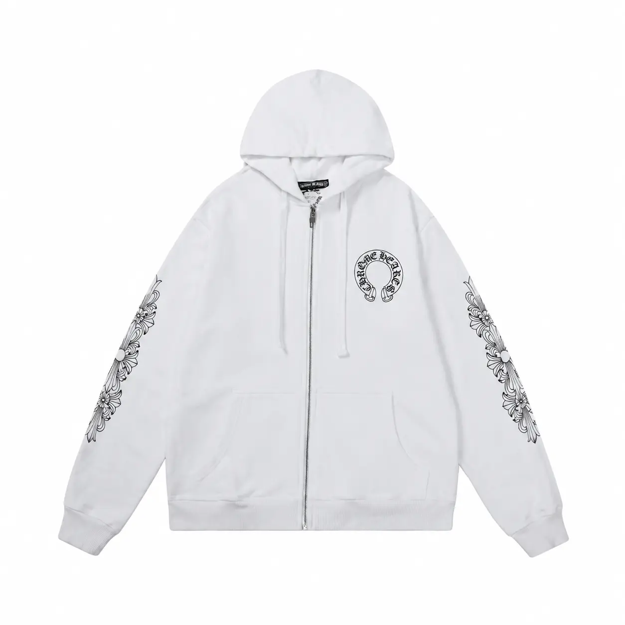 Floral Gothic White Sleeve Zip Up Hoodie – Heavyweight Oversized Casual Streetwear Jacket for Men & Women