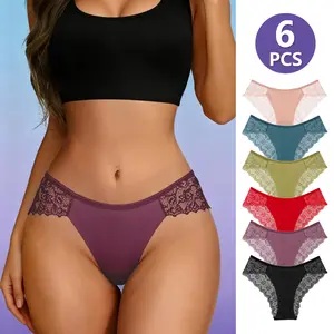 Fashion Women's 6PCS Contrast Lace Seamless Panty Set, Basic Minimalist Cotton Bikini Briefs, Stretch Comfort Basic Panties, Lace Stretch Hipster Underwear, Elegant Underwear Thongs Period Underwear Womenswear Chic Cute Multicolor