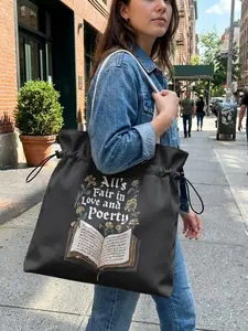 Floral Book Pattern Drawstring Tote Bag, Large Capacity Shopping Bag, Durable and Wear-Resistant, Suitable for Work, Shopping, Picnic