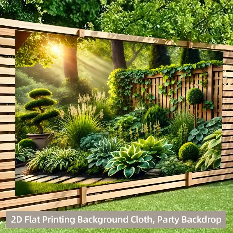 2D Flat Printing Polyester Backdrop - 243.84x182.88cm Large Wall Covering with Decorative Garden Fences, Climbing Plants, Includes Garden Border Fence, for Living Room, Outdoor Home Decor