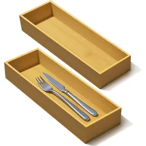 Bamboo Drawer Silverware Organizer, Utensil Organizer, Bamboo Storage Box Wood Silverware Tray for Drawer Set of 2
