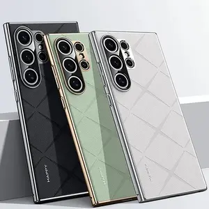 Luxury Plain Leather + Camera Lens Protection Case For Samsung S24 Ultra S24 + s24 Plus Hard Slim Good Texture Cover