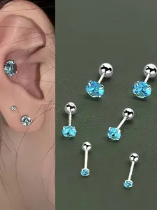 1 Pair of Fashionable Stainless Steel Four-Prong Blue Synthetic Zirconia Earrings, Simple and Stylish Ear Ornaments, Suitable for Women's Daily Wear, Zircon Stud Earrings