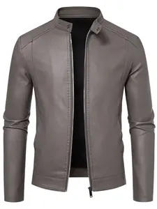 Men's Premium Faux Leather Jacket, Long Sleeve Slim Fit Fitted Stand Collar Plain Coat with Smooth Zipper & Precision Stitching, Business Casual Wear