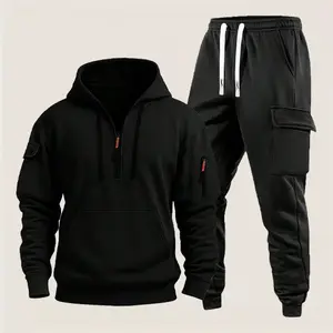 Men's 2-Piece Knit Menswear Sweatsuit Set Outfit - Autumn Winter, Fitted Cut, Plain Solid Color, Warm Long-Sleeve Multi-Pocket Hoodie, for Outdoor Work & Sports, Workwear Sweatsuit Set, Sports Suit Tracksuits, Sporty Comfy Breathable