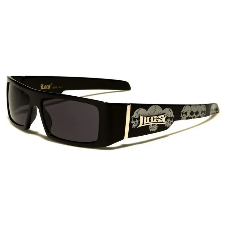 Locs Men's Sunglasses 9058 - Bold Skull Pattern Black Plastic Frames Rectangular Lenses UV Protection Fashion Accessories