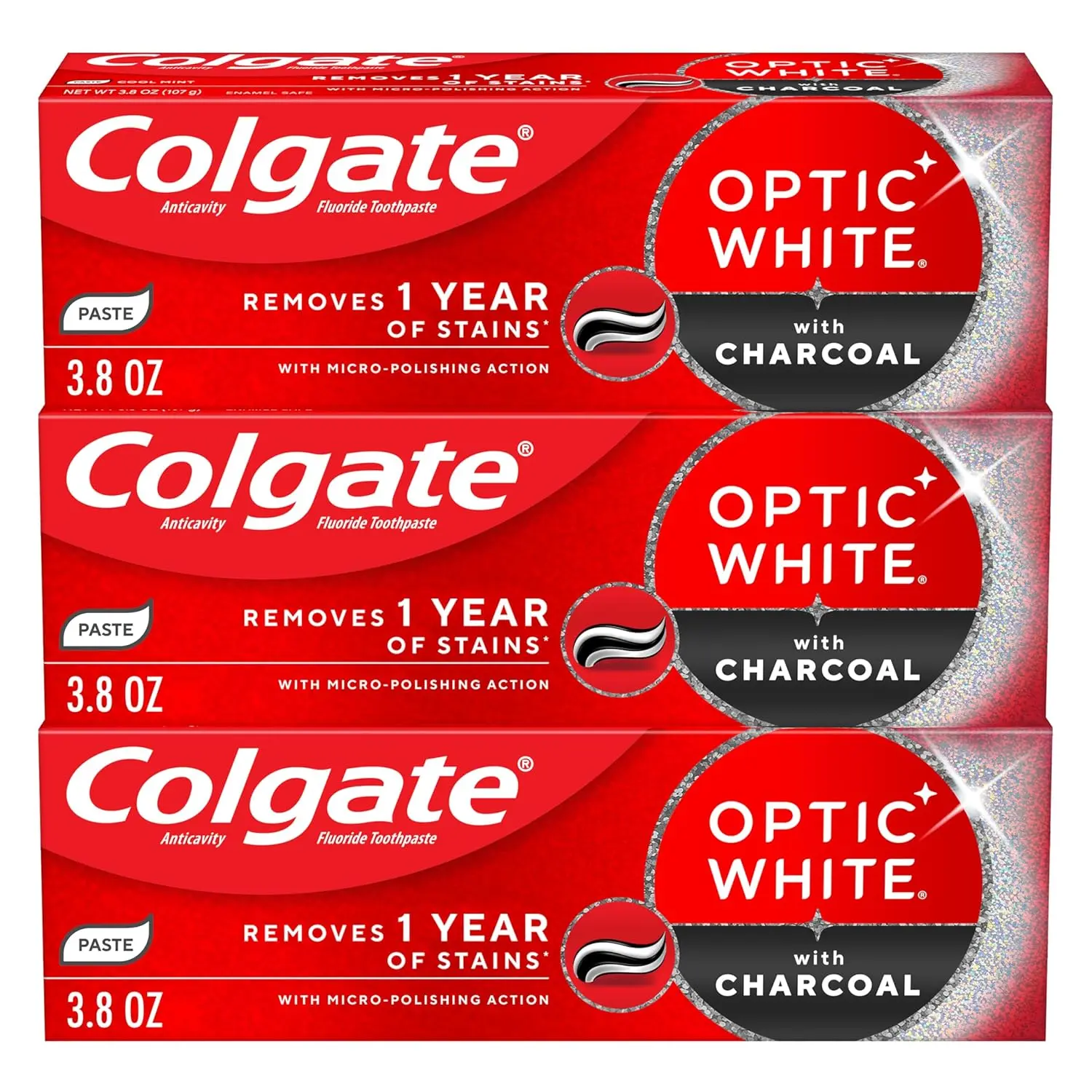 Colgate Optic White Charcoal Whitening Toothpaste Tube, Daily Oral Care with Sodium Fluoride 0.24% (0.15% w/v Fluoride Ion), Enamel Protection, Gentle Natural Cleansing, Stain Removal, Prevents Cavities/Bad Breath, Peppermint Cool Flavor, 3-Pack (3.8 oz)