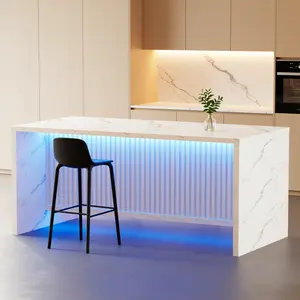 71'' Faux Marble Dining Table with LED Ambient Lights, 37.4'' Tall Kitchen Island Table, Modern High Bar Dining Table, Seats 6 People for Home Party Dining Room Living Room Decor