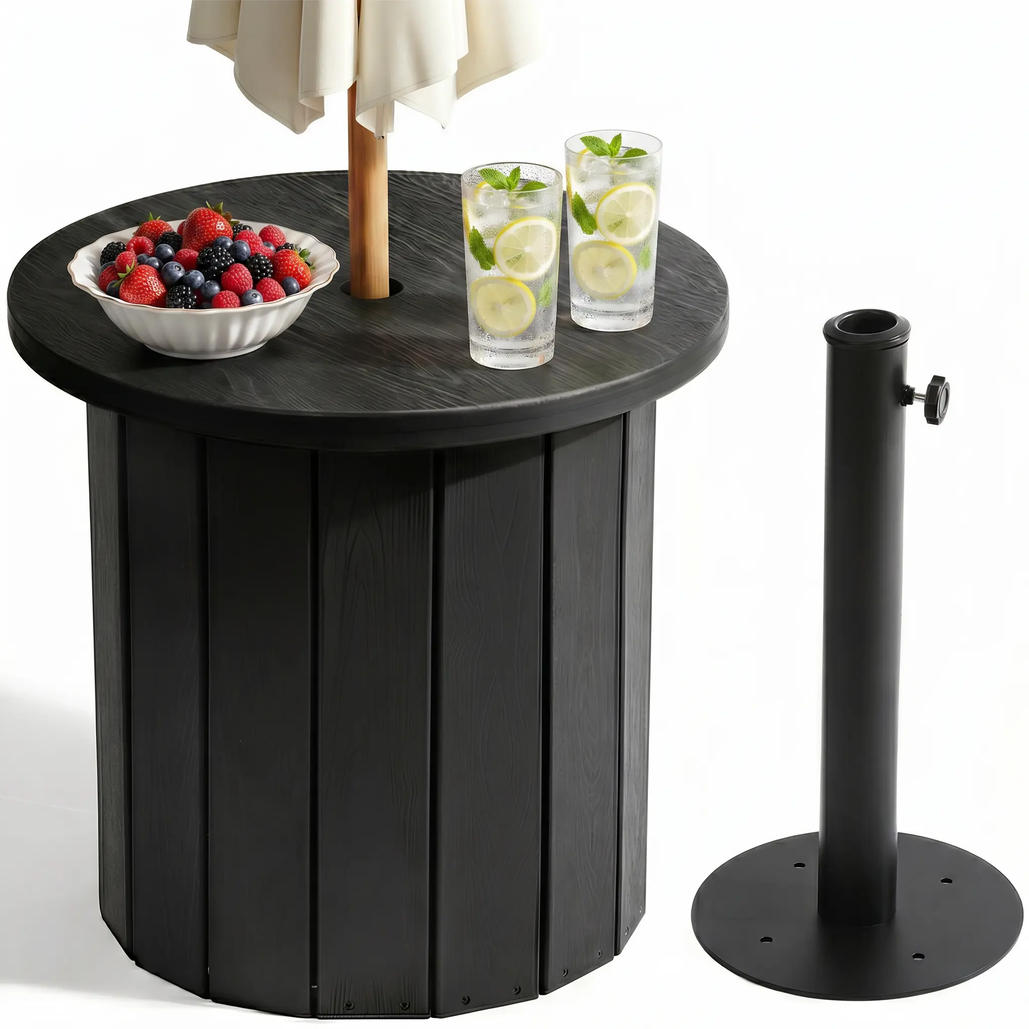 2-in-1 Patio Umbrella Base & Outdoor Side Table with Umbrella Hole, Fits 1.5-1.9" Pole, 5-Gal Water Bag Base, HDPE Woodgrain Accent Table for Patio, Poolside, Deck & Garden, Summervibes, Summerfinds