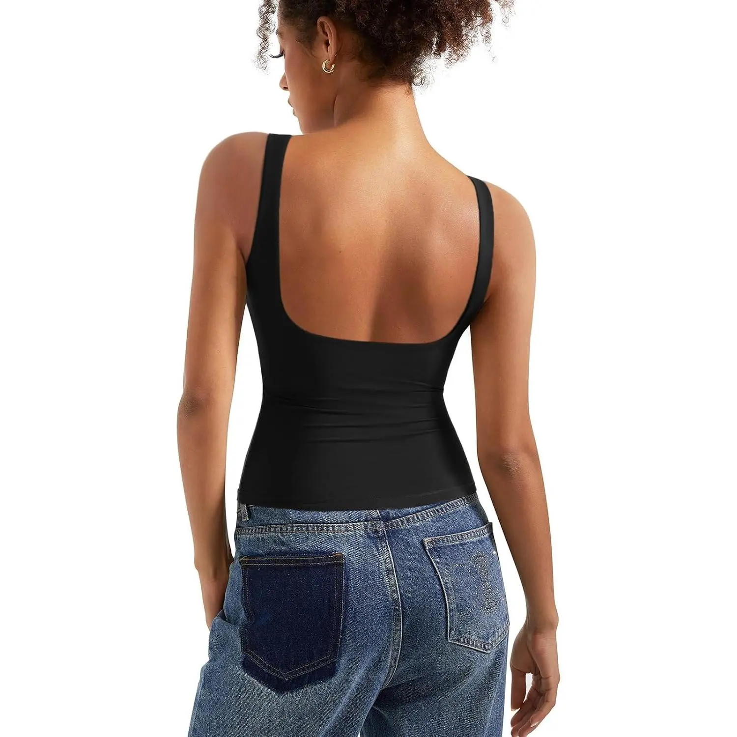 Women's Padded Open Back Boat Neck Tank Top Double Lined Basic Shirt(Gift)