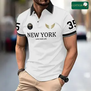 Men’s 2026 Fashion Cotton Short-Sleeve Turn-Down Collar Polo Shirt — Trendy New York Print Design, Comfortable & Skin-Friendly, Figure-Flattering, Selected by High-End Individuals, Detailing Contrast Color Style, Premium Summer Going-Out Look