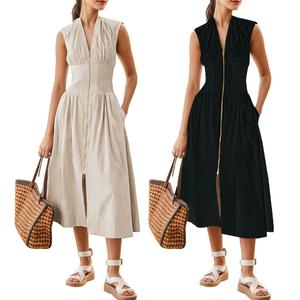 【GUNEST】Women’s Summer Smocked Midi Dress—V-neck, sleeveless/cap sleeve, zipper back, high slit, flowy and elegant for parties, birthdays, or minimalist daily looks. Waist-trainer friendly. Stylish beige essential. Womenswear,#DealsForYouDays