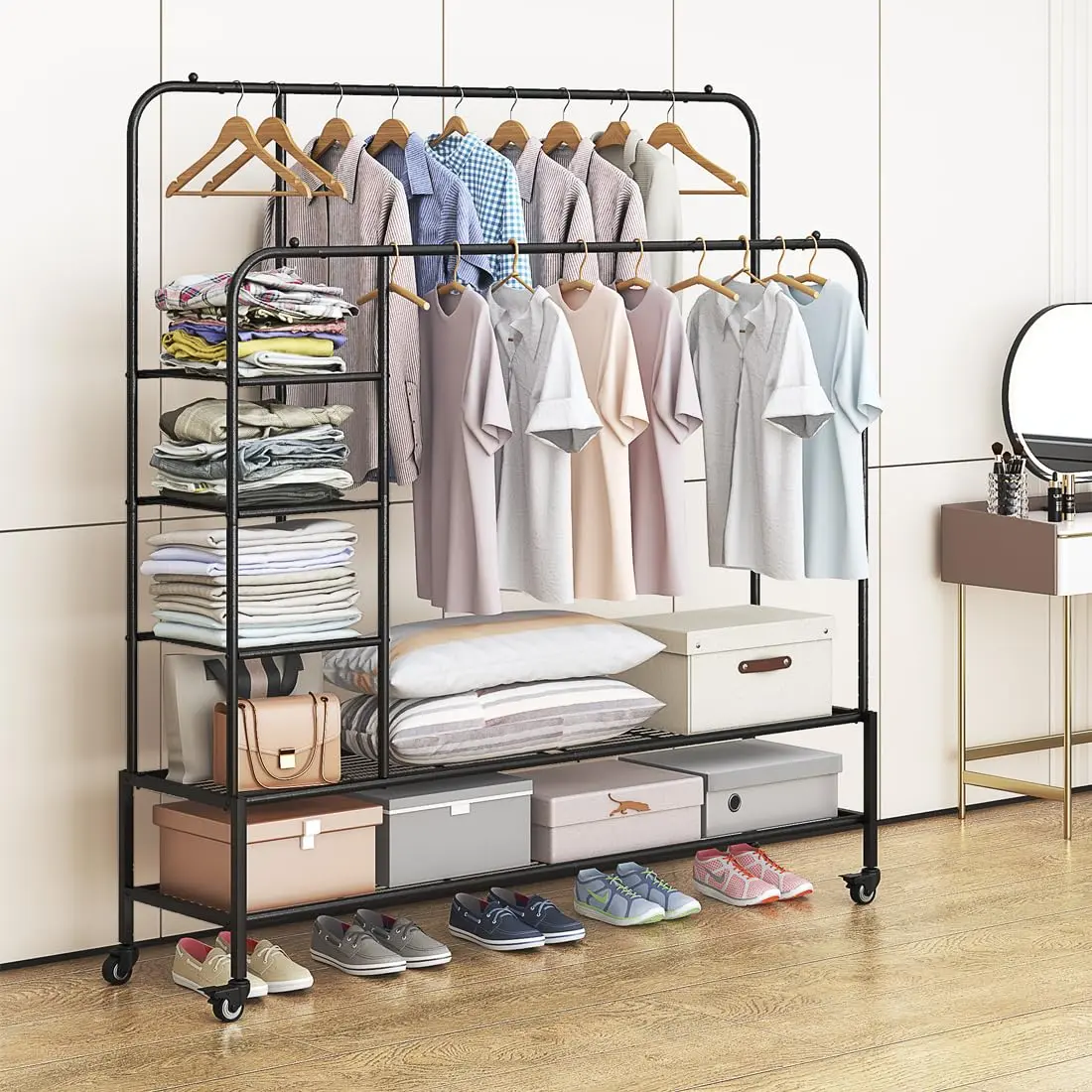 SUOERNUO Garment Rack for Hanging Clothes Rack Heavy Duty Portable with Bottom Metal Shelf Drying Coats Shirt Laundry Room