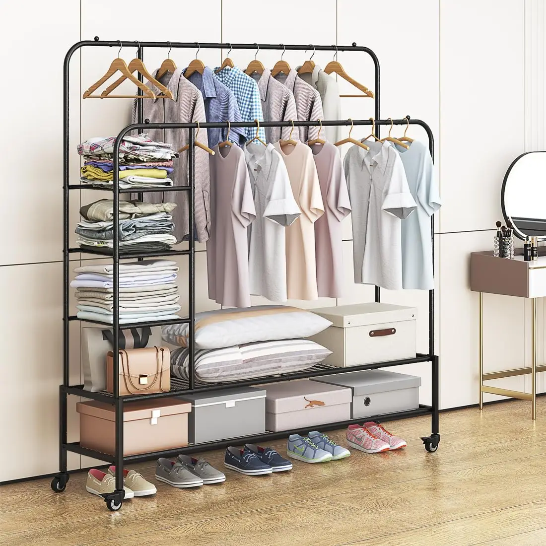 Garment Rack for Hanging Clothes Rack Heavy Duty Portable with Bottom Metal Shelf Drying Coats Shirt Laundry Room
