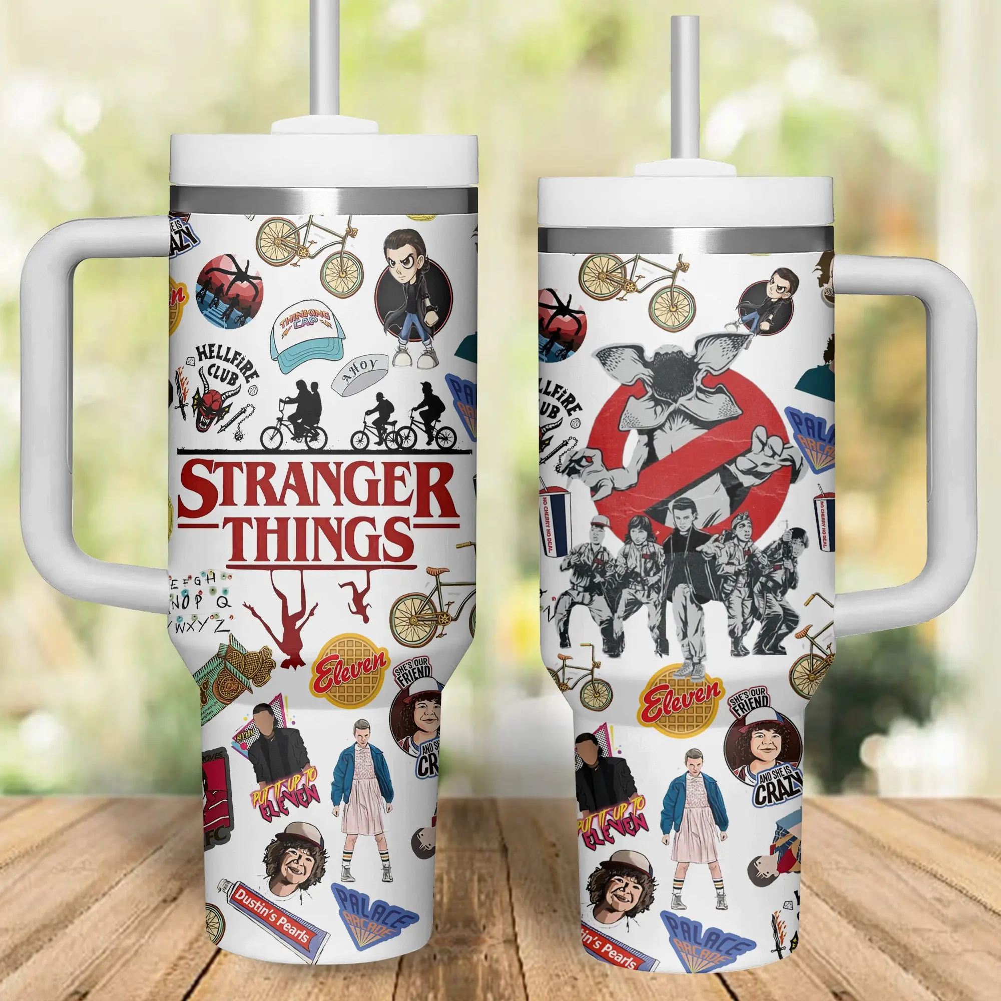 Stranger Things 40oz Tumbler with Handle & Straw, Hawkins Hellfire Club Cup, Eleven & Friends Design, Upside Down Horror Series Merch, Retro 80s TV Fan Gift, Movie Lover Travel Cup