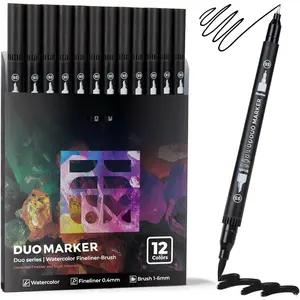 Black Duo Tip Marker Pens, 12 Pack Fine & Brush Markers for Adult Coloring Books No Bleeding, Jet Black Markers for Outlining, Sketching,  Manga, Calligraphy and Graphic Novels