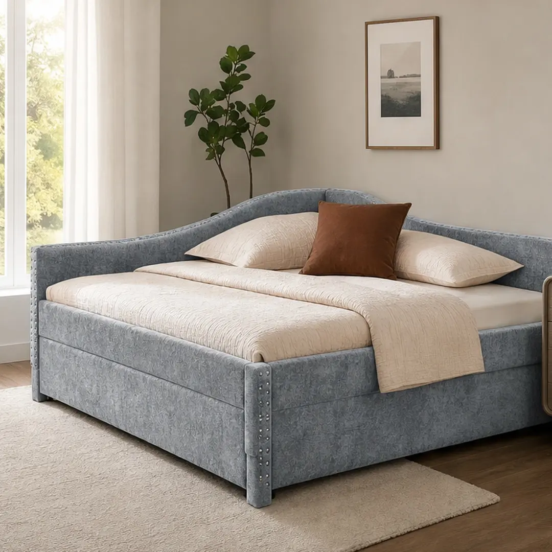 Vintage Full Size ARCH Curved Round Edge Padded Chenille Daybed Sofa Bed - Extendable Pull-out Trundle, Side Rivet Nailhead Trim, Convenient USB Port, Skin-friendly Foam Fill, Grey Luxury Space-saving Indoor Furniture for Bedroom