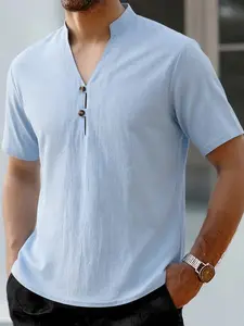 Men's Traditional Mandarin Collar Short Sleeve T-Shirt, Stylish Casual Wear, Comfortable Cotton Fabric, Perfect for Daily Use