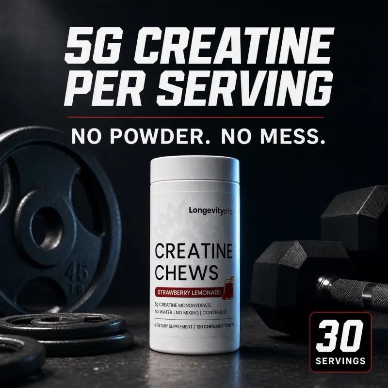 LongevityOTC 5g Creatine Chewable Tablets - Strawberry Lemonade Flavor, Low Sugar, 10 Calories per Serving, Fitness Dietary Supplement for Wellness Goals