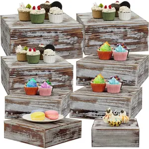 8 count Large 13.7"  Risers Display Stands Rustic Square Cupcake Stand  Risers Stackable Display Box for Buffet Table Dessert  Birthday Wedding Party( Brown)