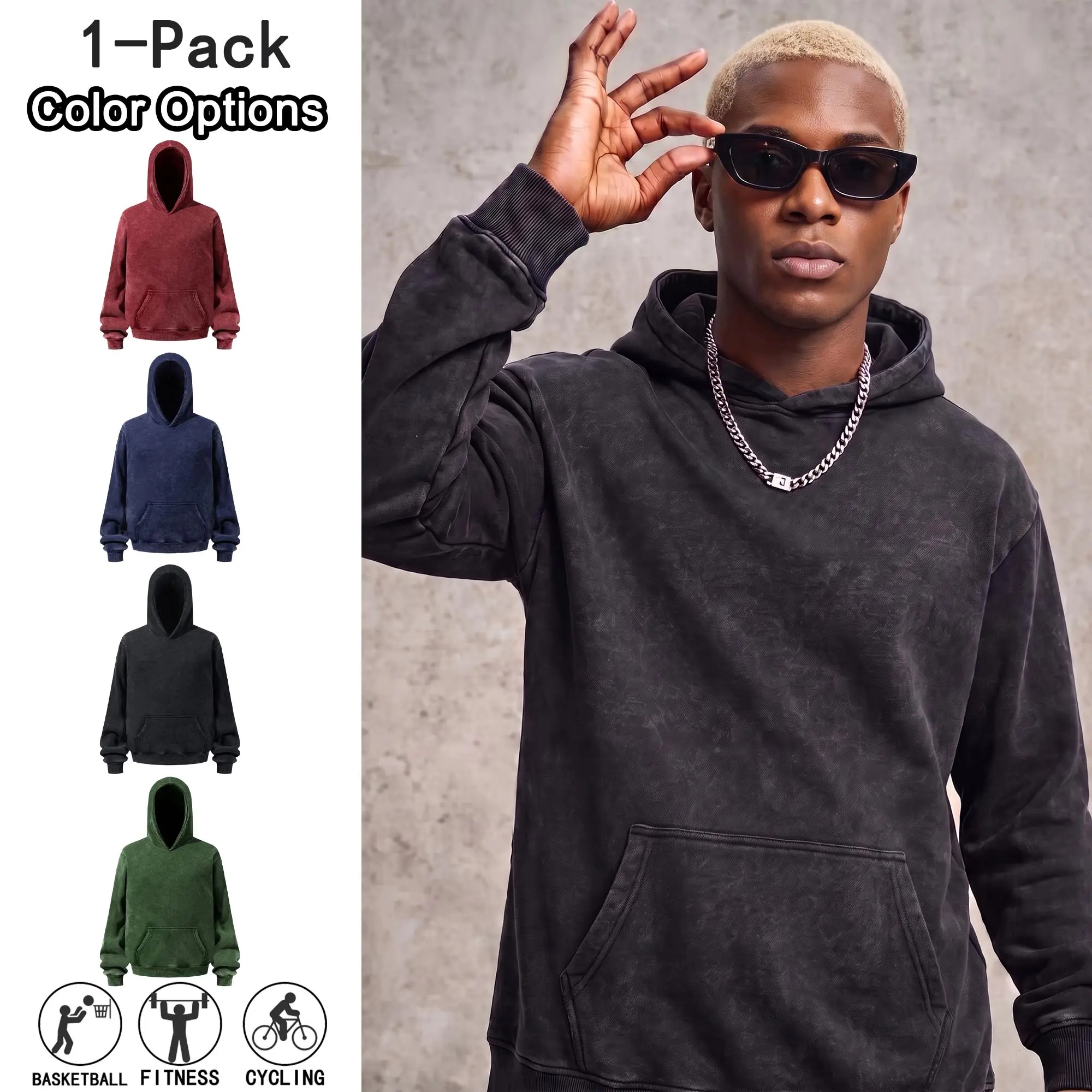 Men’s spring/autumn trendy versatile new solid-color loose hooded fleece sweatshirt—casual fashion design suitable for everyday wear, outdoor sports, commuting to work, and street outings.