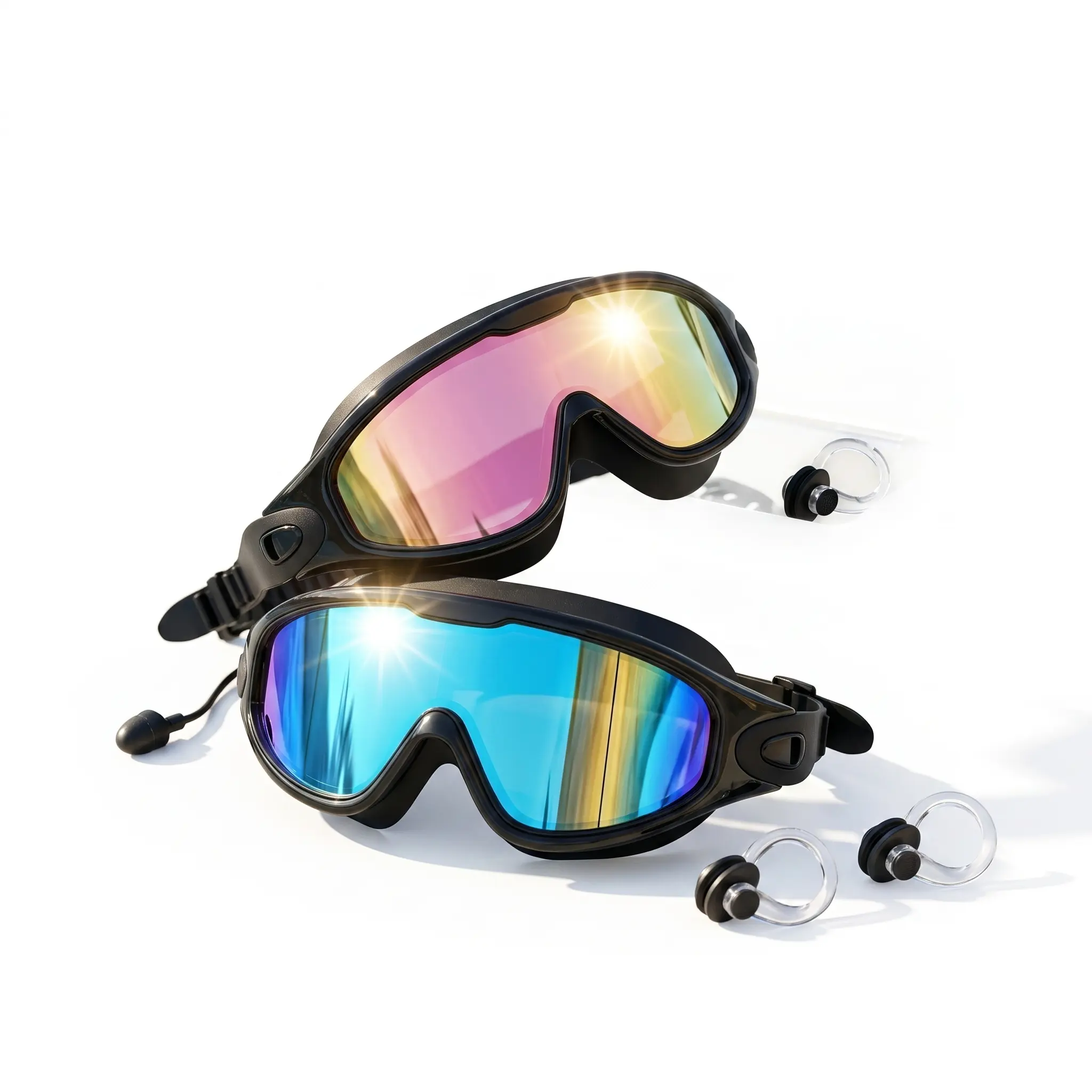 2-Pack Adult Swim Goggles (Aqua & Bright Rose) - Anti-Fog, No-Leak Silicone with Attached Earplugs & Case water uv swimming full-coverage anti-uv protection adjustable uv-protected wide view outdoor summer fun waterproof pool proof