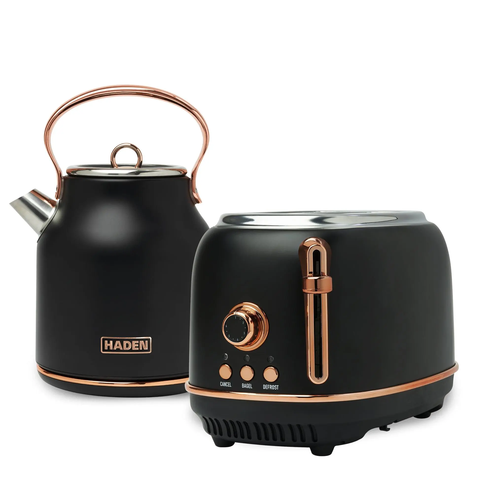 Haden Heritage Electric Water Kettle & 2 Slice Wide Slot Toaster, Black & Copper