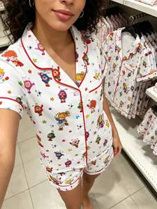 Rainbow Girl and Fairy Pattern Summer Pajama Set, Cute Button Front Two-Piece Pajamas, Soft and Comfortable Women's Sleepwear