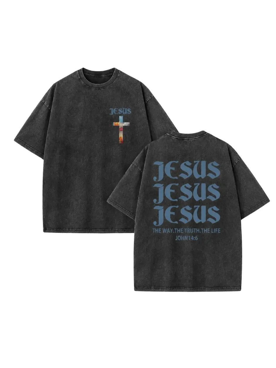 Jesus The Way The Truth And The Life John 146 Triple Stack Gothic Blue Letter Floral Inlaid Cross Double Sided Washed Black Graphic Tee Small Front Name & Cross Exclusive Only Savior Christian Identity Casual washed graphic tee plus size