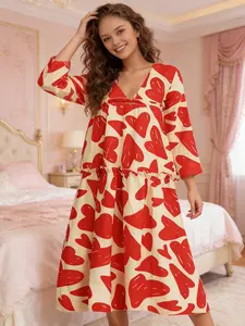 Summer Deep V Neck All over Print Dress, Sweet Cute Loose Fit Home Bubble Skirt, Long A-Line Umbrella Dress for Outdoor Wear