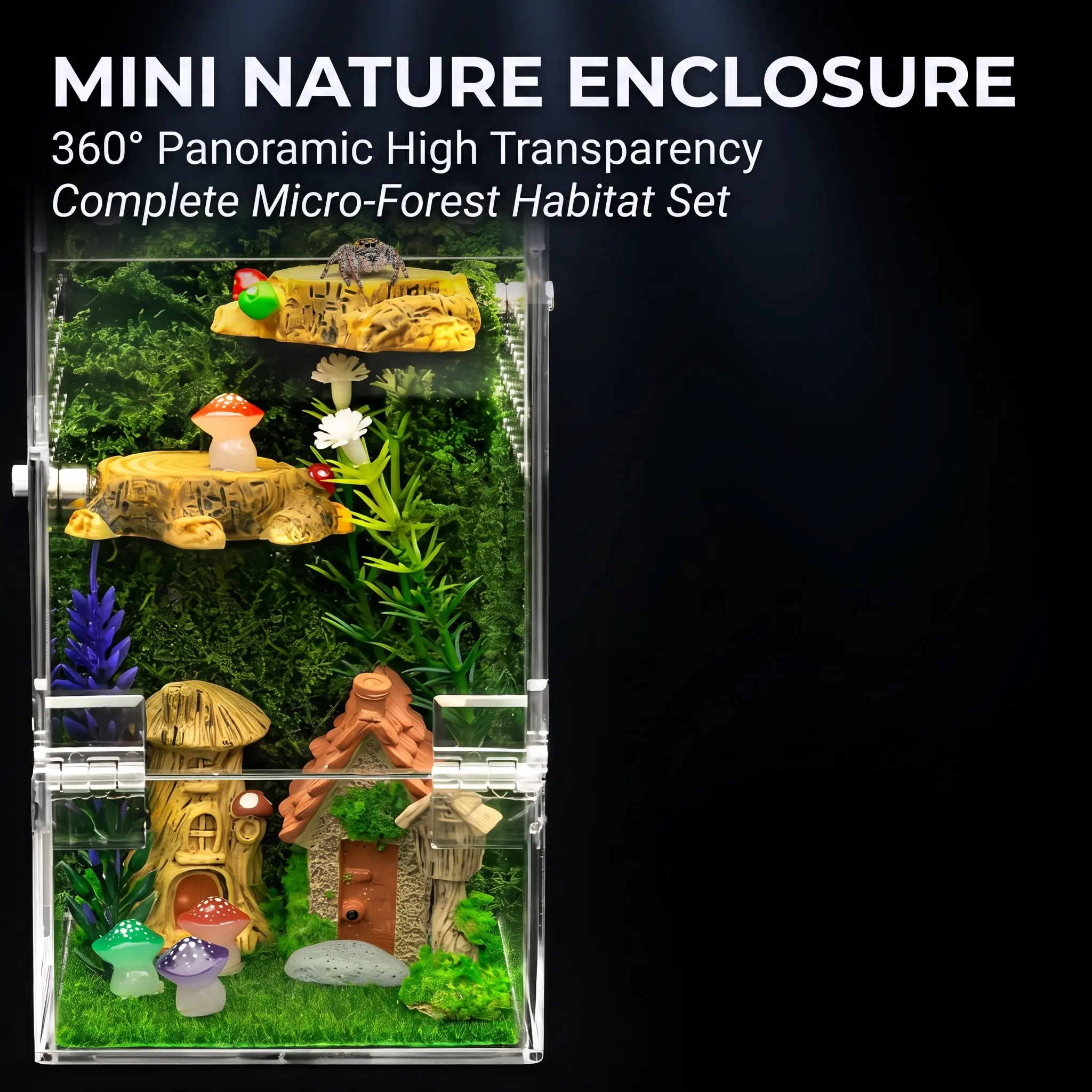 Complete Forest Terrarium Kit - Escape-Proof Clear Acrylic Insect Habitat with Magnetic Door, Ventilation | For Jumping Spiders, Mantises
