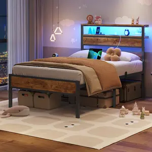 Hasuit Twin Bed Frame with Headboard Storage Shelves, LED Bed Frame Twin Size with Charging Station, Metal Platform Bed with Heavy Duty Slats, Fast Assembly, No Box Spring Needed, Noise Free Twin Full Queen Three Sizes