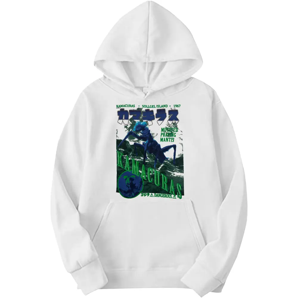 Men's Godzilla Kamacuras Graphic Soft Pullover Hoodie - White Cotton-Polyester Menswear Apparel, Sweatshirts Top, Licensed Look, Casual, Comfortable, Soft Hand Feel