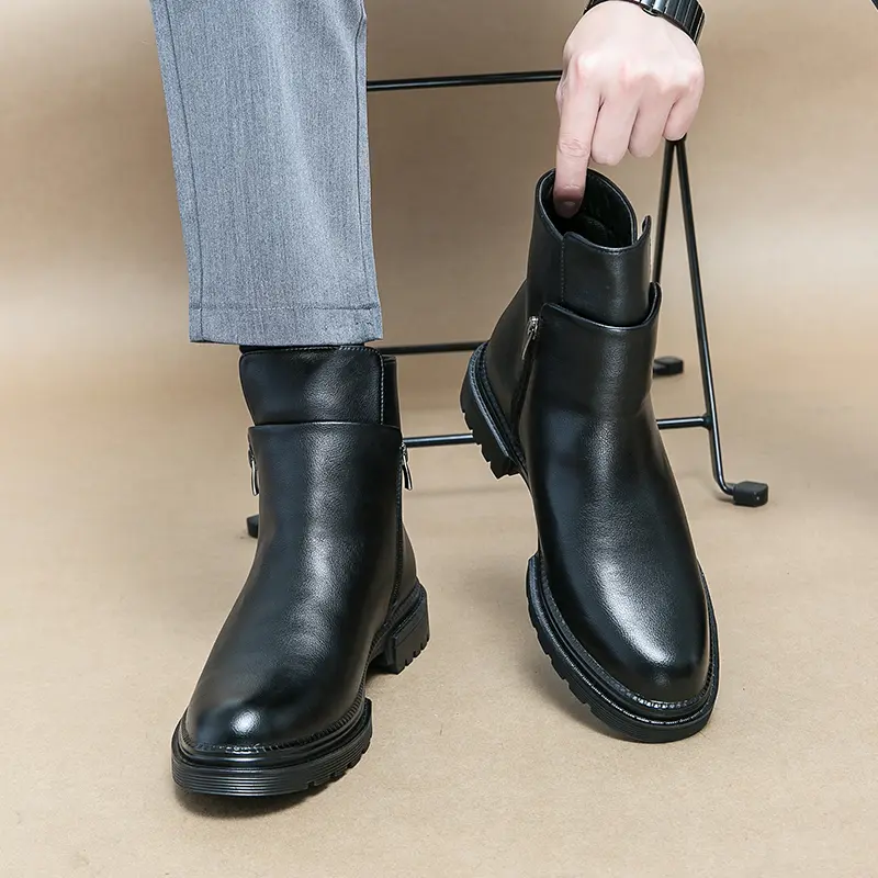 Men's Black Chelsea Boots for Men Classic Ankle Boots Side Zipper Slip On Dress Shoes Casual Leather Boots Chunky Lug Sole Work Boots Minimalist Fashion Footwear Comfortable Everyday Walking Shoes Modern Street Style Boots Outdoor Daily Wear Footwear