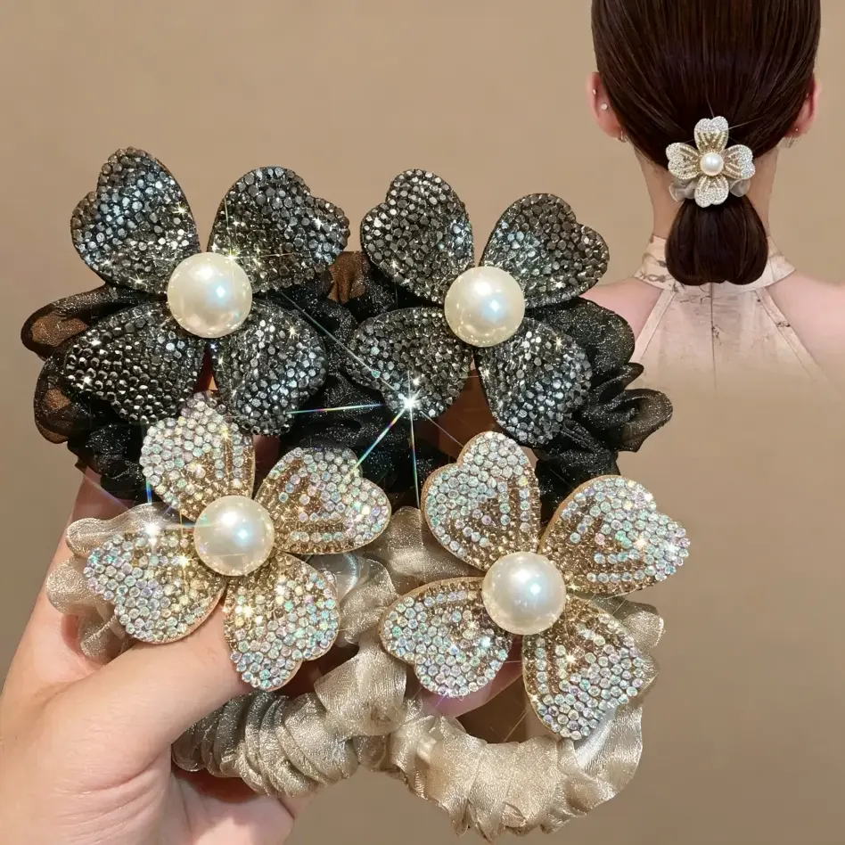 Luxury Ponytail Holders for Women, 4-Piece Hair Accessory Set with Rhinestone and Pearl Beaded Accents, Elastic Hairband Ties for a Secure Comfortable Fit, Female, Hair Accessories Set, Soft Hair Ties
