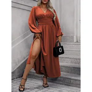 Solid color simple pleated skirt women's set long sleeved brown tailcoat