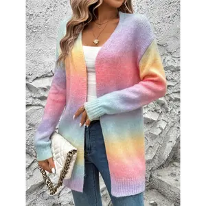 [Rainbow Gradient Cardigan] Rainbow V-Neck Gradient Color Knit Cardigan Sweater for Women - Loose Fit, Mid-Length, Long Sleeve, Stretch Fabric, Fall/Winter