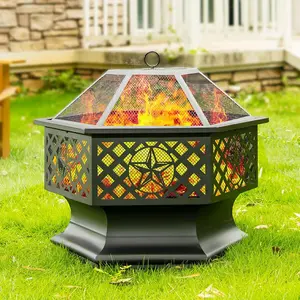 28/33 Inch Outdoor Fire Pit, Hexagon Shaped Wood Burning Fire pits for Outside, Metal Fire pit with Fire Poker&Mesh Cover for Bonfire, Patio, Garden,Beach and Camping (Black)